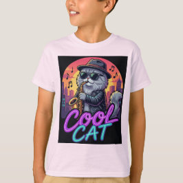Cool Cat Saxophone – Retro Neon 90s Jazz Cat Desig Tシャツ