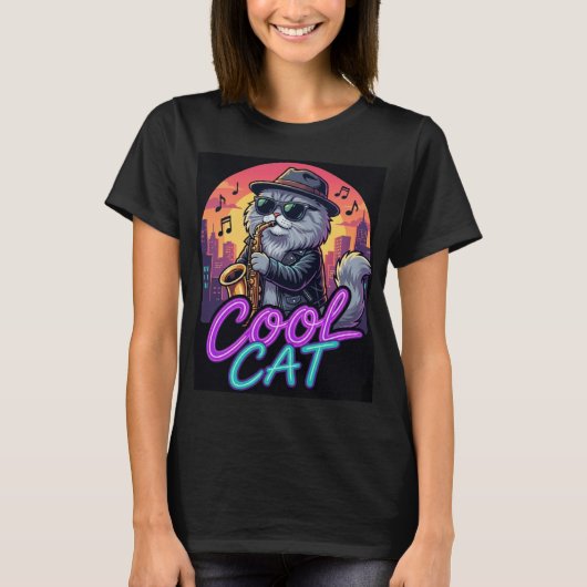 Cool Cat Saxophone –Retro Neon 90s Jazz Cat Design Tシャツ (正面)