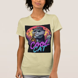 Cool Cat Saxophone –Retro Neon 90s Jazz Cat Design Tシャツ