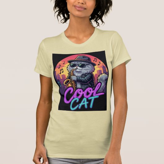 Cool Cat Saxophone –Retro Neon 90s Jazz Cat Design Tシャツ (正面)