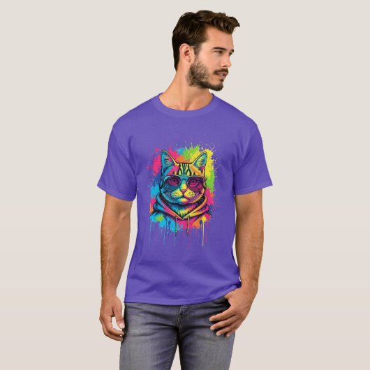 Cool Cat Street Art – Neon Splash Kitty Tシャツ (正面フル)