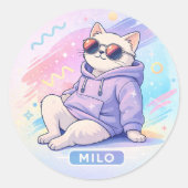 Cool Cat Tote Bag with Name MILO | Cute Aesthetic  ラウンドシール (正面)