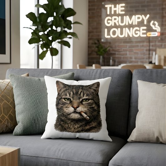 "Cool Cat with Cigarette" Edgy Tabby Cat Throw  クッション