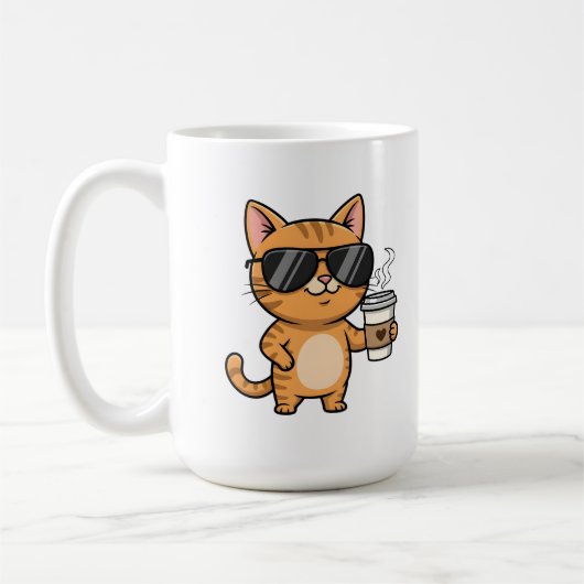 Cool Cat with Coffee – Funny Cartoon Art コーヒーマグカップ (左)