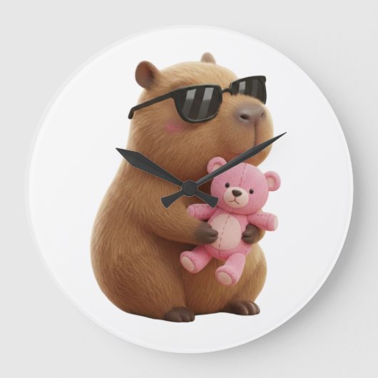 Cool Chill Capybara with Pink Teddy Bear ラージ壁時計 (正面)