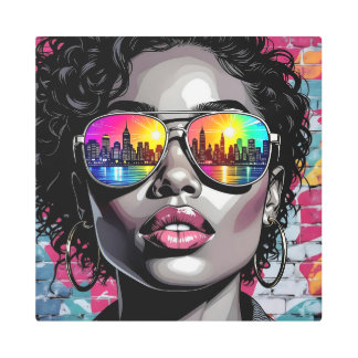Cool Comic Woman in City with Sunglasses メタルプリント