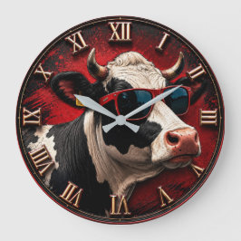 Cool Cow Funny Cow with Sunglasses Farmhouse ラージ壁時計