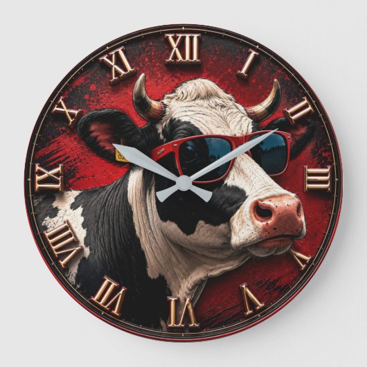 Cool Cow Funny Cow with Sunglasses Farmhouse ラージ壁時計 (正面)