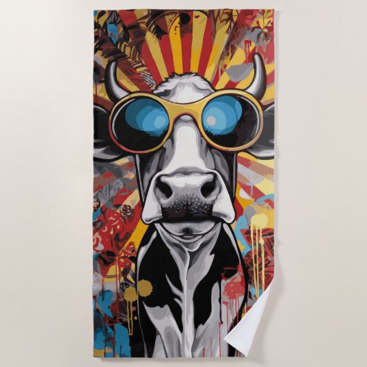 Cool Cow with Sunglasses Pop Art Graffiti Style ビーチタオル (正面)