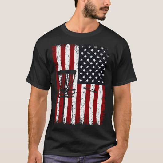 Cool Disc Golf Player Distressed USA American Flag Tシャツ (正面)