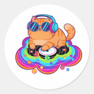 Cool DJ Orange Cat with Headphones on Rainbow Clou ラウンドシール