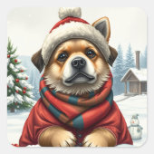 Cool Dog in Preppy Winter Attire and Hat Winter スクエアシール (正面)