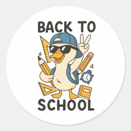 Cool Duck Back to School Design Funny Cartoon Goos ラウンドシール (正面)