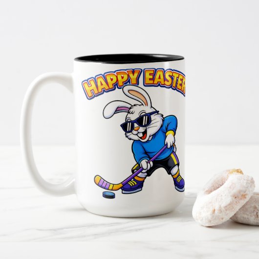 Cool Easter Bunny Hockey Player ツートーンマグカップ (ドーナツ)