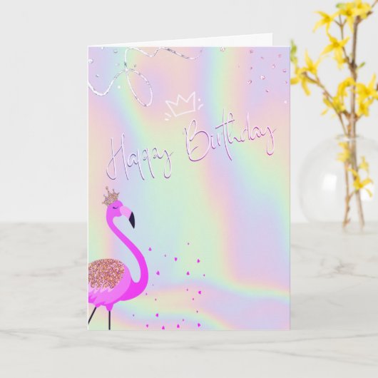 Cool Flamingos Hearts Holographic Birthday  カード (黄色い花)