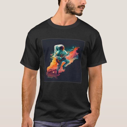 Cool Floating Astronaut Illustration Guitar Moon S Tシャツ (正面)