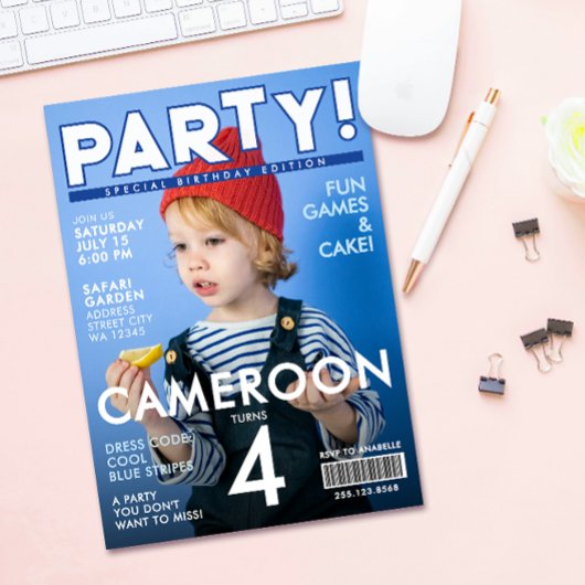 Cool Fun Blue Special Magazine Cover Kids Birthday 招待状