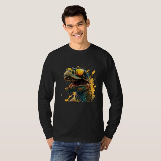 Cool fun dinosaur raptor with sunglasses  4 tシャツ (正面フル)