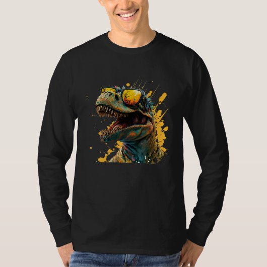 Cool fun dinosaur raptor with sunglasses  4 tシャツ (正面)