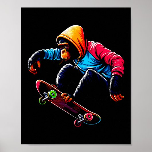 Cool Funky Bonobo Monkey Skateboarding Illustratio ポスター (正面)
