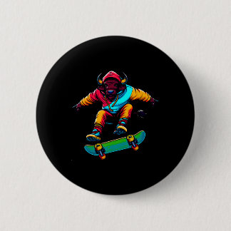 Cool Funky Buffalo Skateboarding Illustration Art  缶バッジ