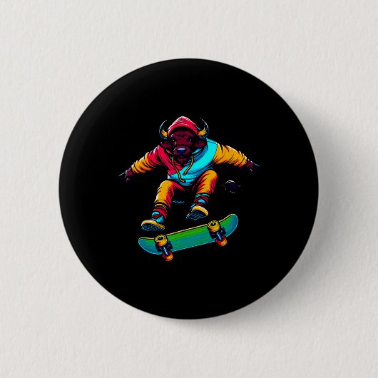 Cool Funky Buffalo Skateboarding Illustration Art  缶バッジ (正面)