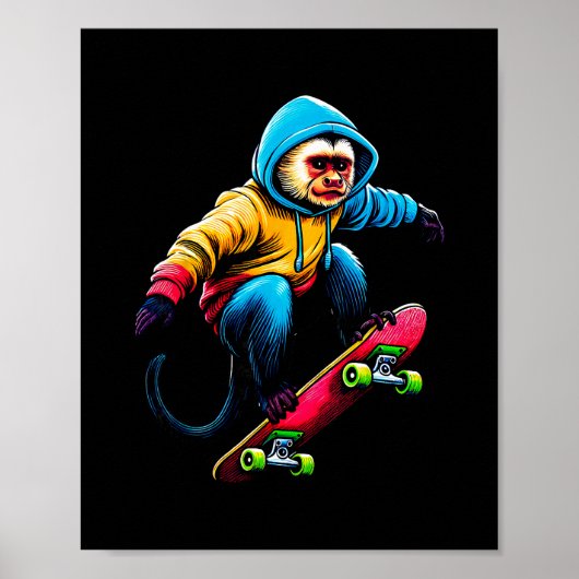Cool Funky Capuchin Monkey Skateboarding Illustrat ポスター (正面)