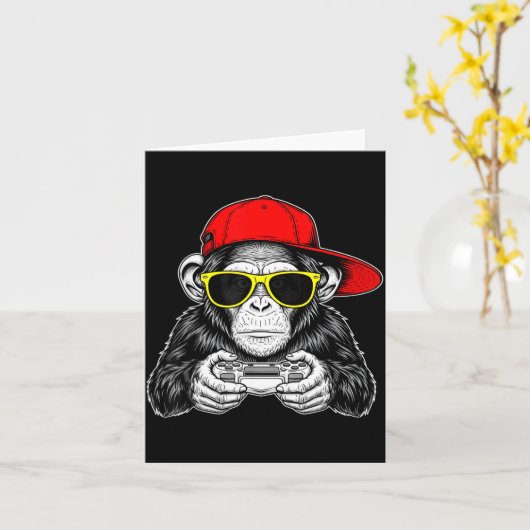 Cool Gamer Monkey With Controller Funny Gaming Vid カード (黄色い花)