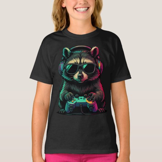 Cool Gamer Raccoon — Headphones and Controller Tシャツ (正面)
