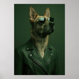 Cool German Shepherd Portrait in Leather Jacket ポスター