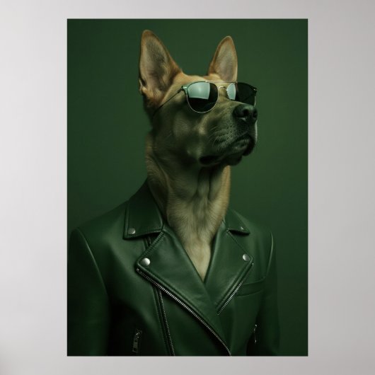 Cool German Shepherd Portrait in Leather Jacket ポスター (正面)