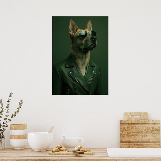 Cool German Shepherd Portrait in Leather Jacket ポスター (キッチン)