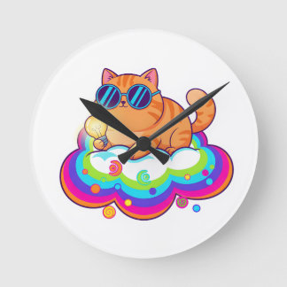Cool Ginger Cat with Sunglasses Retro Vibe Round C ラウンド壁時計