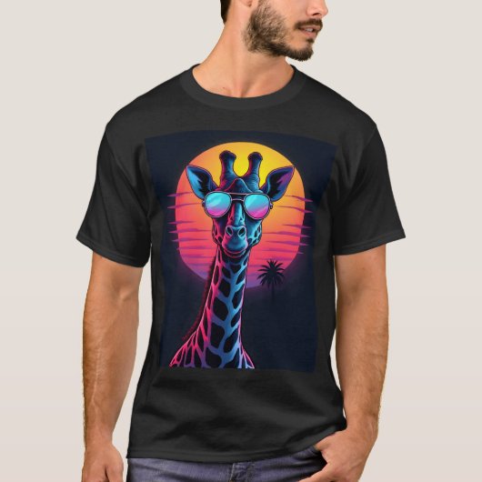 Cool Giraffe In Sunglasses Under Sunset Long Sleev Tシャツ (正面)