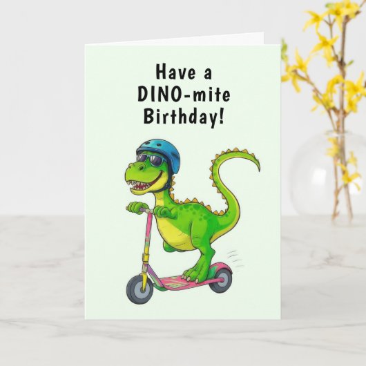 Cool Green Dinosaur Birthday カード (黄色い花)
