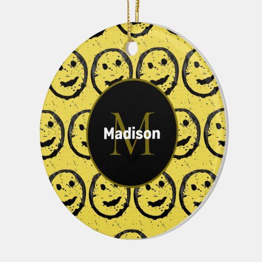 Cool Happy Smiling face pattern yellow Monogram セラミックオーナメント (左)