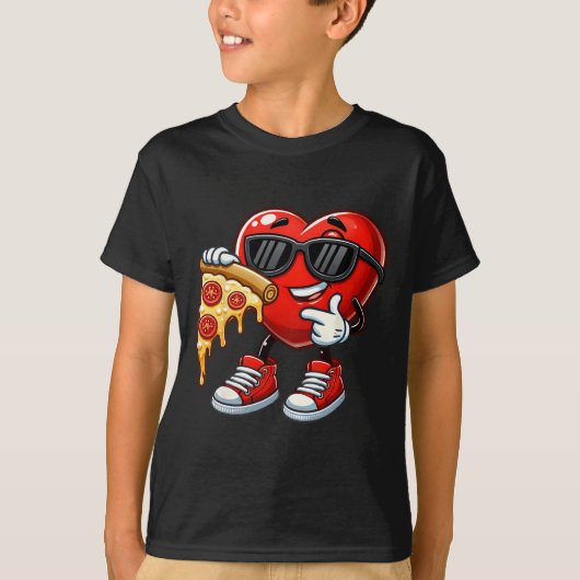 Cool Heart Eating Pizza Valentine Funny Kids Febru Tシャツ (正面)