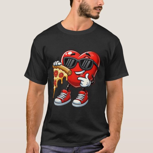 Cool Heart Eating Pizza Valentine Funny Kids Febru Tシャツ (正面)