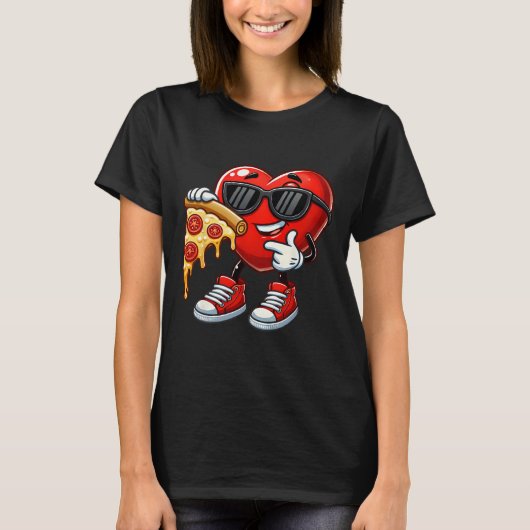 Cool Heart Eating Pizza Valentine Funny Kids Febru Tシャツ (正面)
