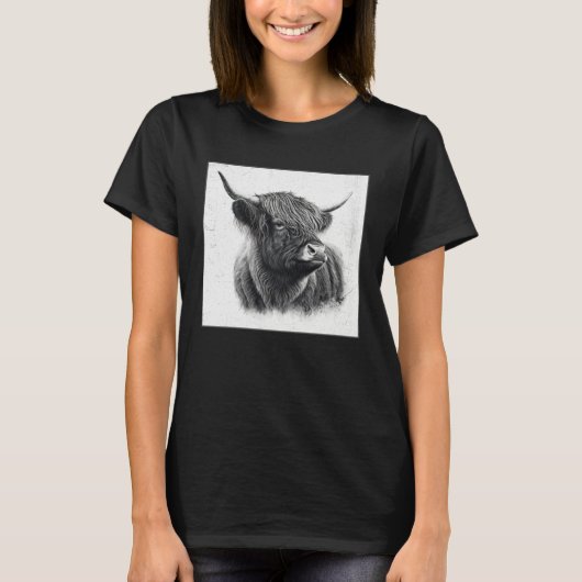 Cool Highland Cow Illustration Black Horn Women Me Tシャツ (正面)