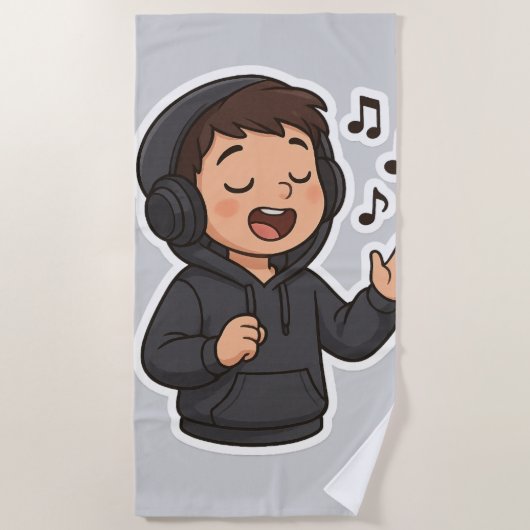Cool Hoodie Boy Singing Sticker 🎧 | Music Lover A ビーチタオル (正面)
