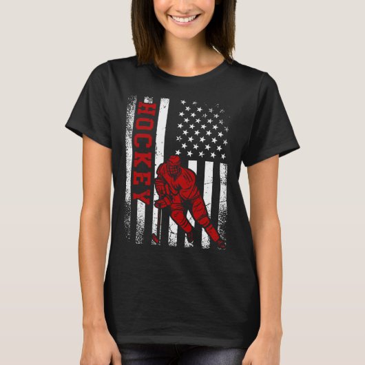 Cool Ice Hockey Player Distressed USA American Fla Tシャツ (正面)