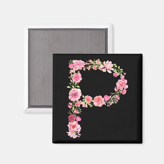 Cool Initial Alphabet Monogram Flowers Floral Lett マグネット (正面/裏面)