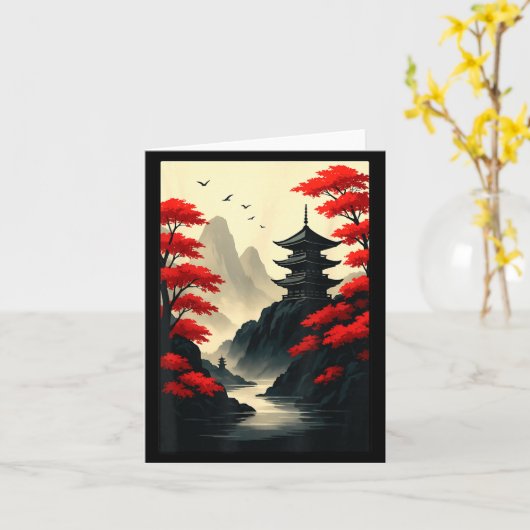 Cool Japanese Pagoda Castle Mountain Landscape Gra カード (黄色い花)