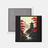 Cool Japanese Pagoda Castle Mountain Landscape Gra マグネット (正面/裏面)