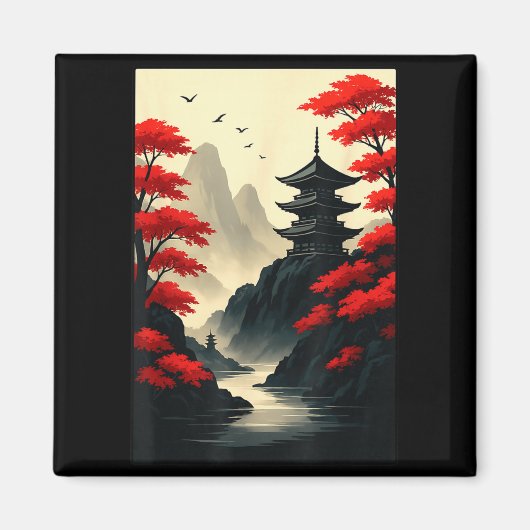 Cool Japanese Pagoda Castle Mountain Landscape Gra マグネット (正面)