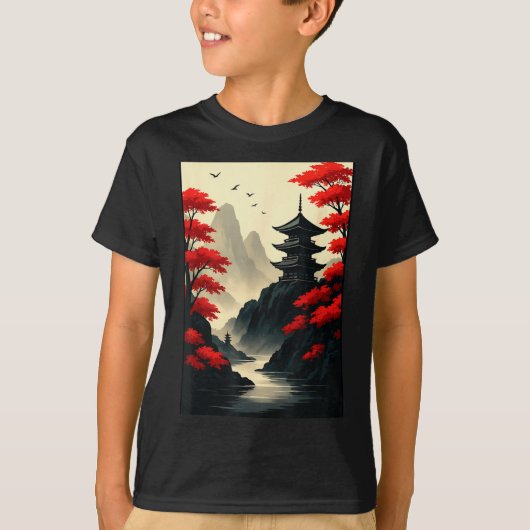Cool Japanese Pagoda Castle Mountain Landscape Gra Tシャツ (正面)