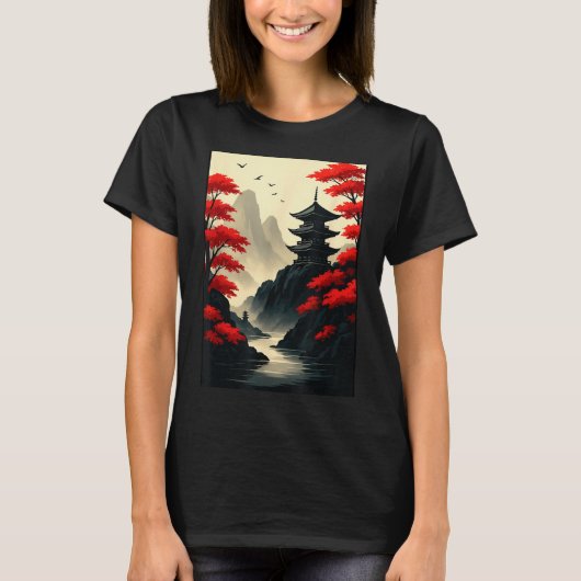 Cool Japanese Pagoda Castle Mountain Landscape Gra Tシャツ (正面)