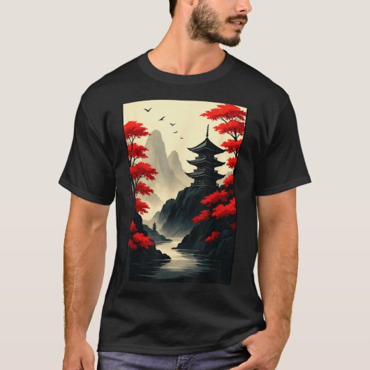 Cool Japanese Pagoda Castle Mountain Landscape Gra Tシャツ (正面)