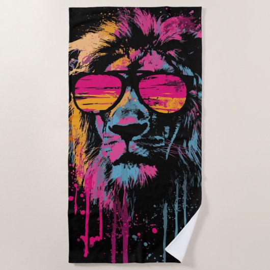 Cool Lion with Sunglasses Neon Pop Art ビーチタオル (正面)